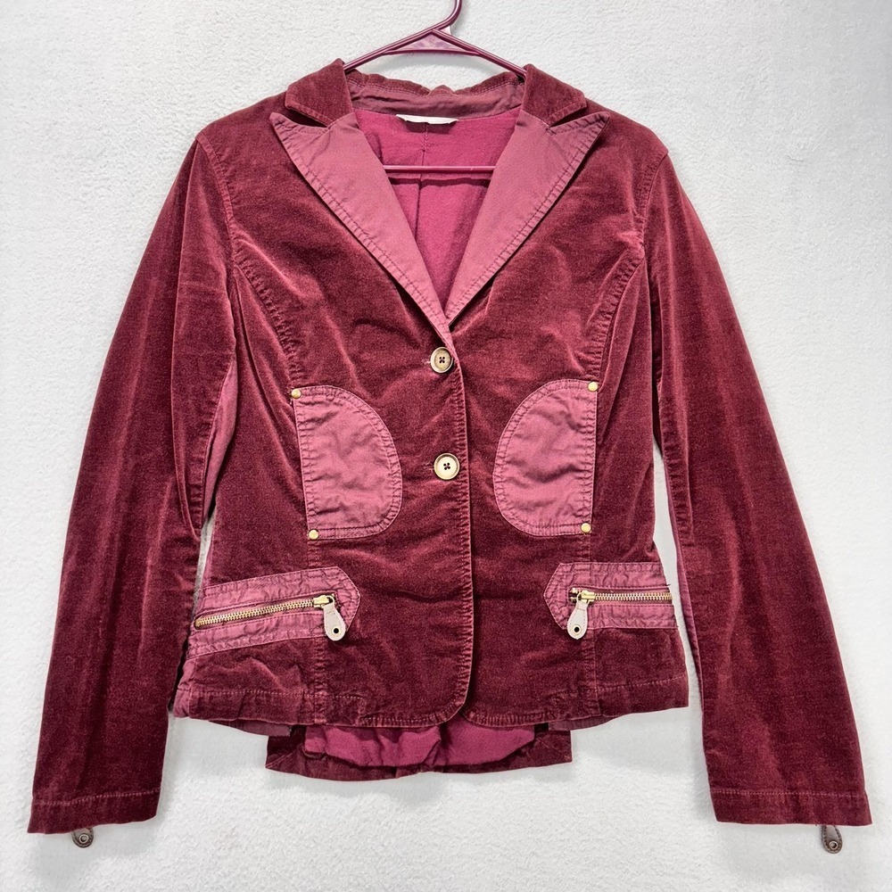 Stefanel Blazer Jacket Womens IT 42 EU 38 Burgundy Cotton Velvet Zip Pockets